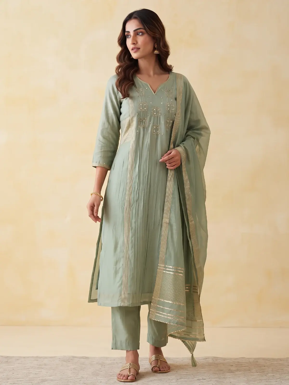 Sage Green Mul Chanderi Suit