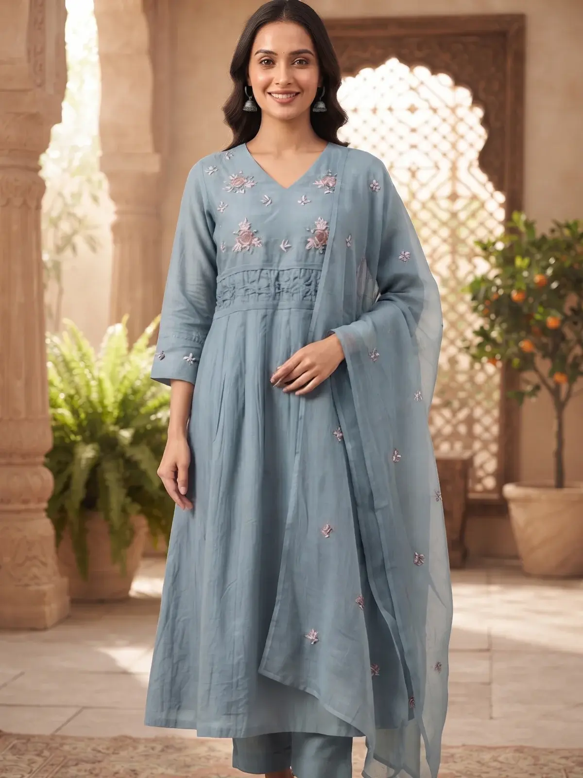 Slate Blue Floral Anarkali
