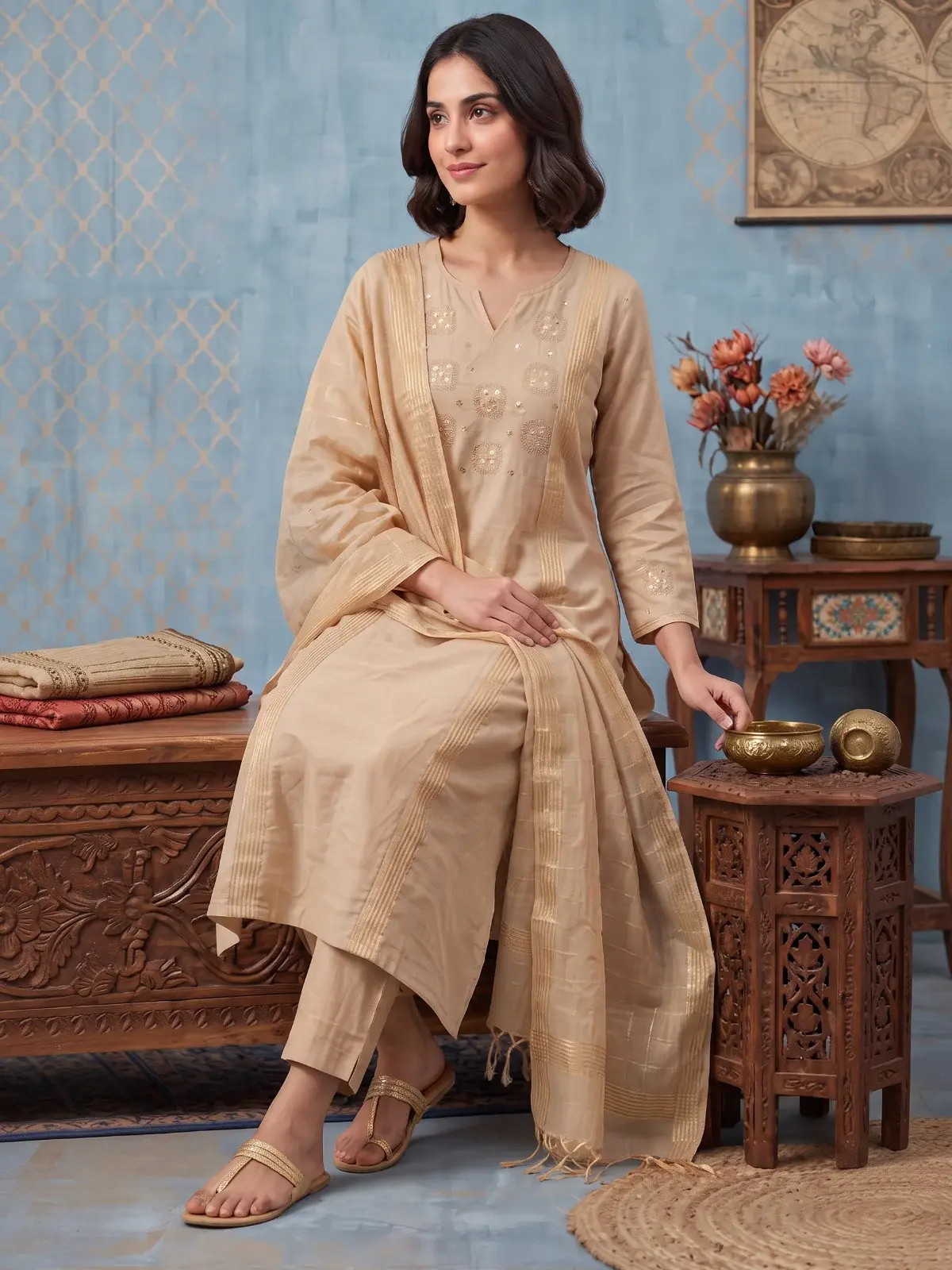 Beige Gold Mul Chanderi Suit